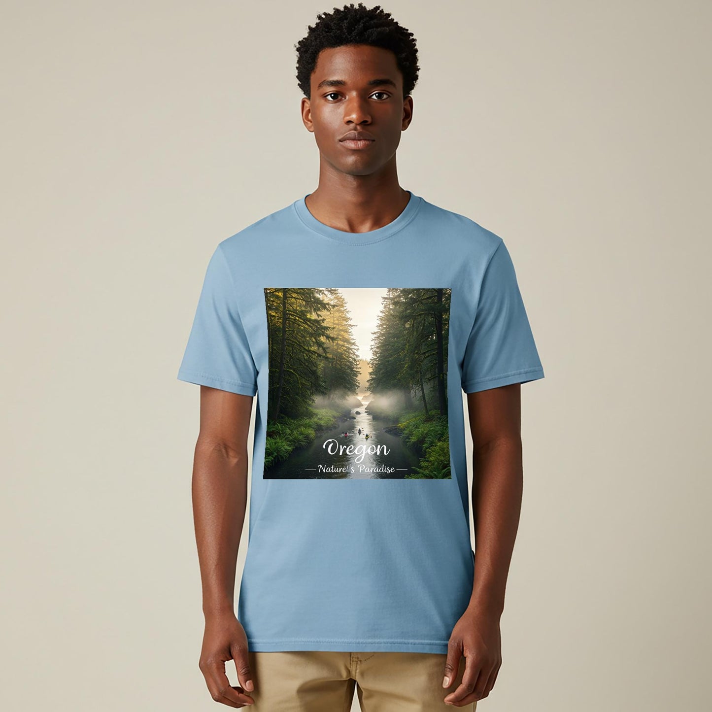 Oregon Misty Forest River Kayaking T-Shirt | Unisex Garment-Dyed Nature Landscape Graphic Tee | PNW Outdoor Adventure Apparel Gift