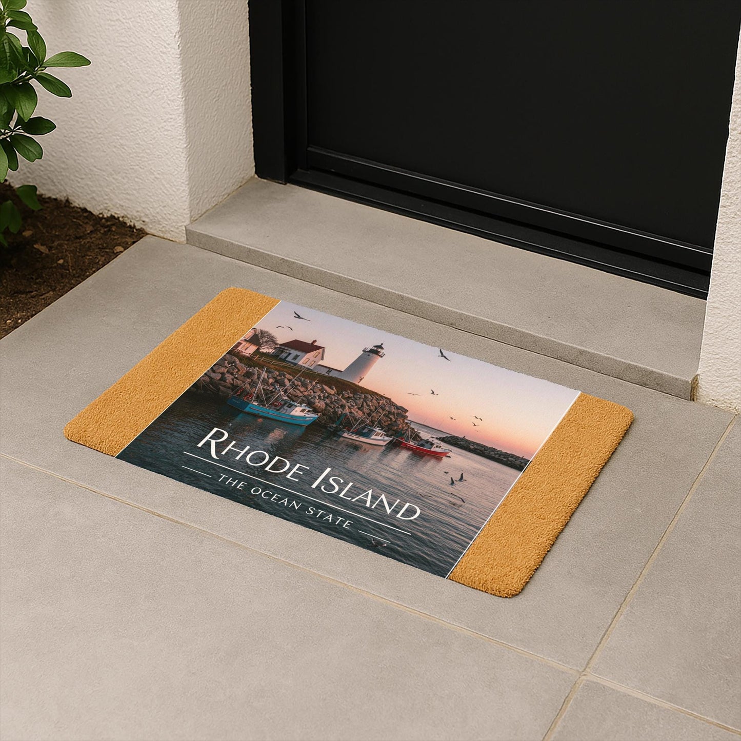 Rhode Island Ocean State Welcome Mat | Coastal Lighthouse Doormat | Nautical Fishing Boat Entryway Decor | New England Beach House Gift