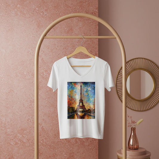 Vibrant Eiffel Tower V-Neck Tee | Impressionist Paris Art Shirt | Autumn Cityscape Graphic | Romantic Travel Apparel | Artistic Unisex Top