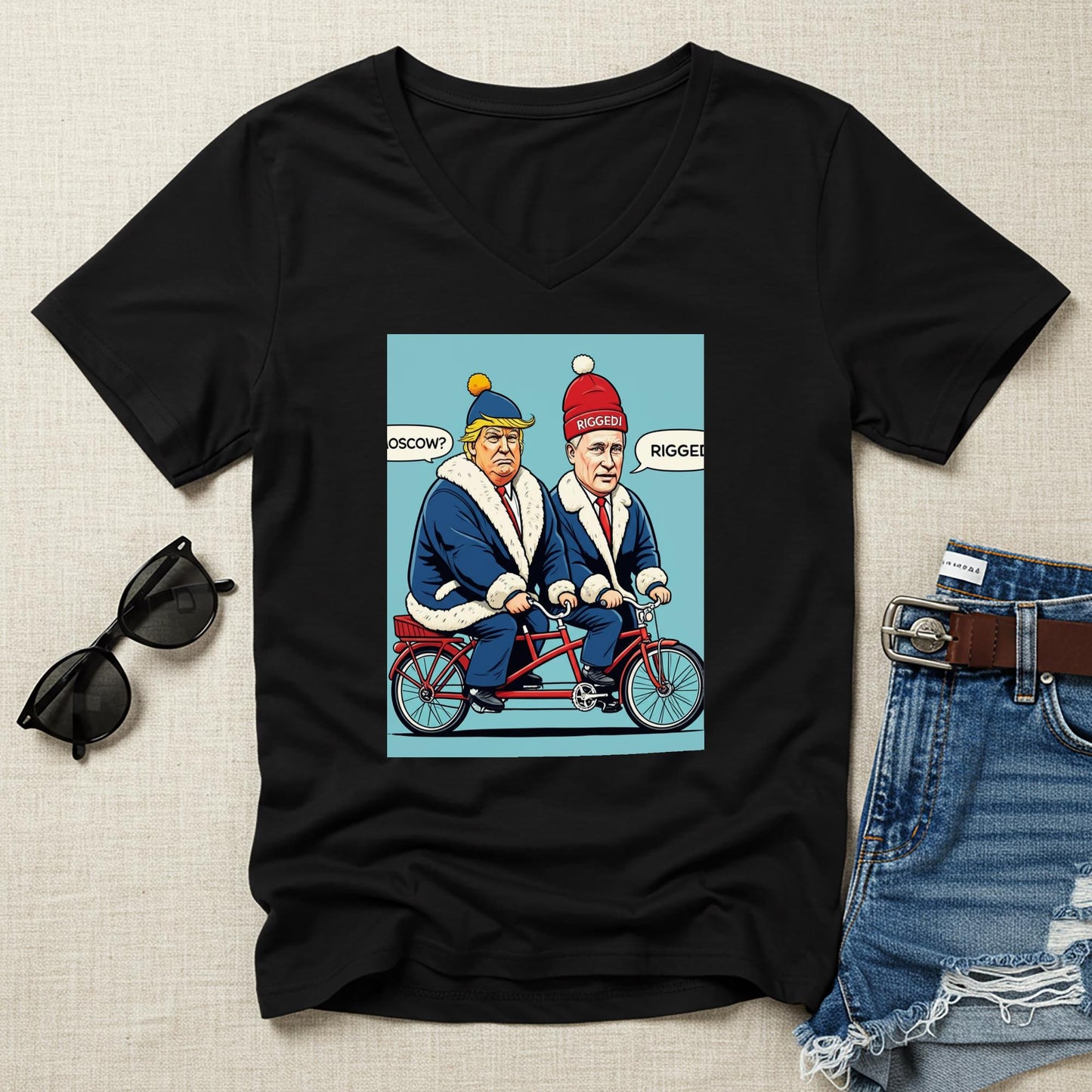 Political Pedals Unisex V-Neck Shirt | Trump Putin Tandem Bike Tee | Rigged Election Humor | To Moscow Satire | Funny Political Gift