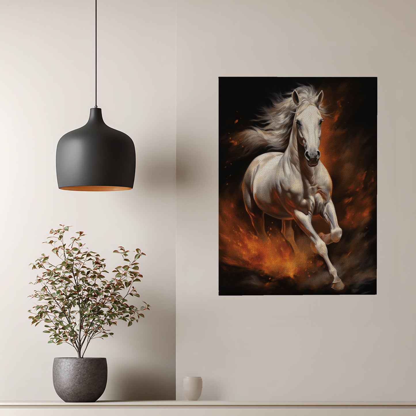 Majestic White Horse Canvas Print, Fiery Gallop Wall Art, Dynamic Equestrian Decor, Powerful Animal Painting, Fantasy Horse Lover Gift
