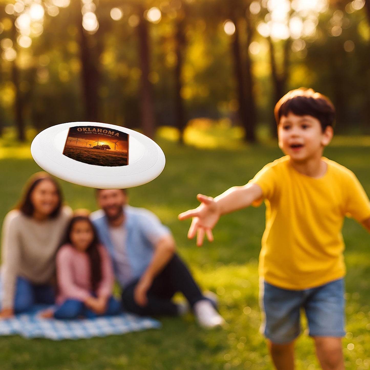 Oklahoma Windy Sunset Wham-O Frisbee | State Pride Gift | Rural Landscape Art | Unique Americana Decor | Wind Turbine Farmhouse Scene