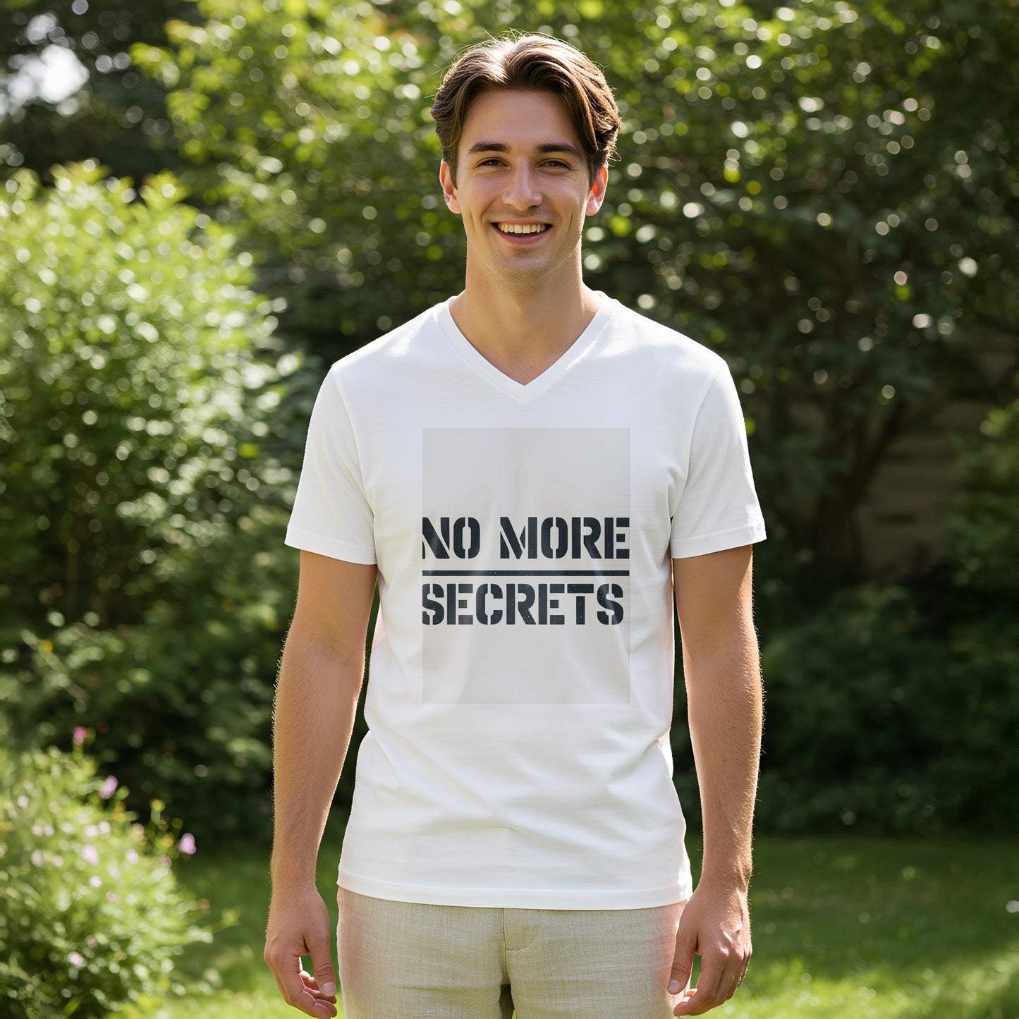 No More Secrets V-Neck Tee | Truth Transparency Honesty Shirt | Distressed Stencil Font Graphic T-Shirt | Empowering Statement Apparel Gift