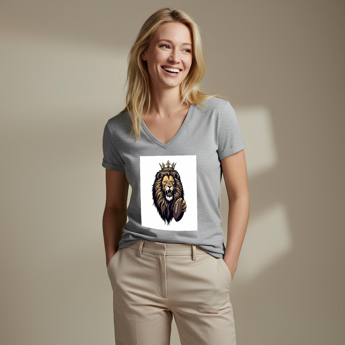 Roaring Lion Football V-Neck Tee | Crowned King Lion Game Day Shirt | Fierce Sports Fan Apparel | Majestic Animal Design Gift for Fans