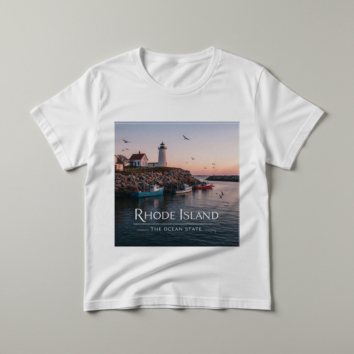 Rhode Island Ocean State Tee | Coastal Lighthouse Garment Dyed Unisex T-Shirt | Nautical New England Souvenir | Scenic Seascape Apparel