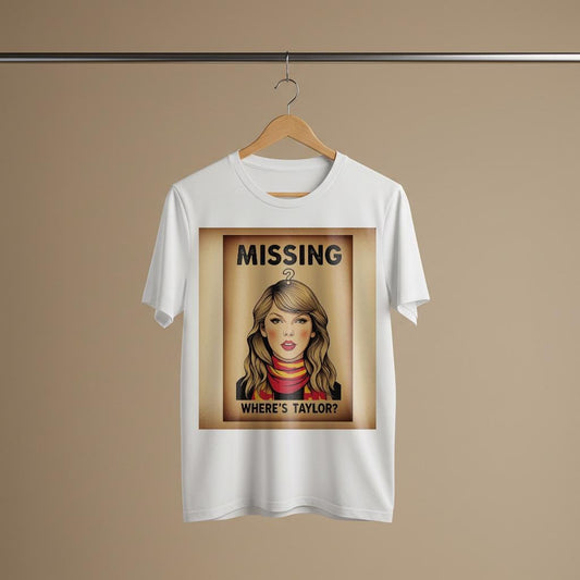 Where's Taylor Swift Missing Poster T-Shirt | Vintage Style Swiftie Fan Apparel | Unisex Garment Dyed Pop Culture Graphic Tee Gift