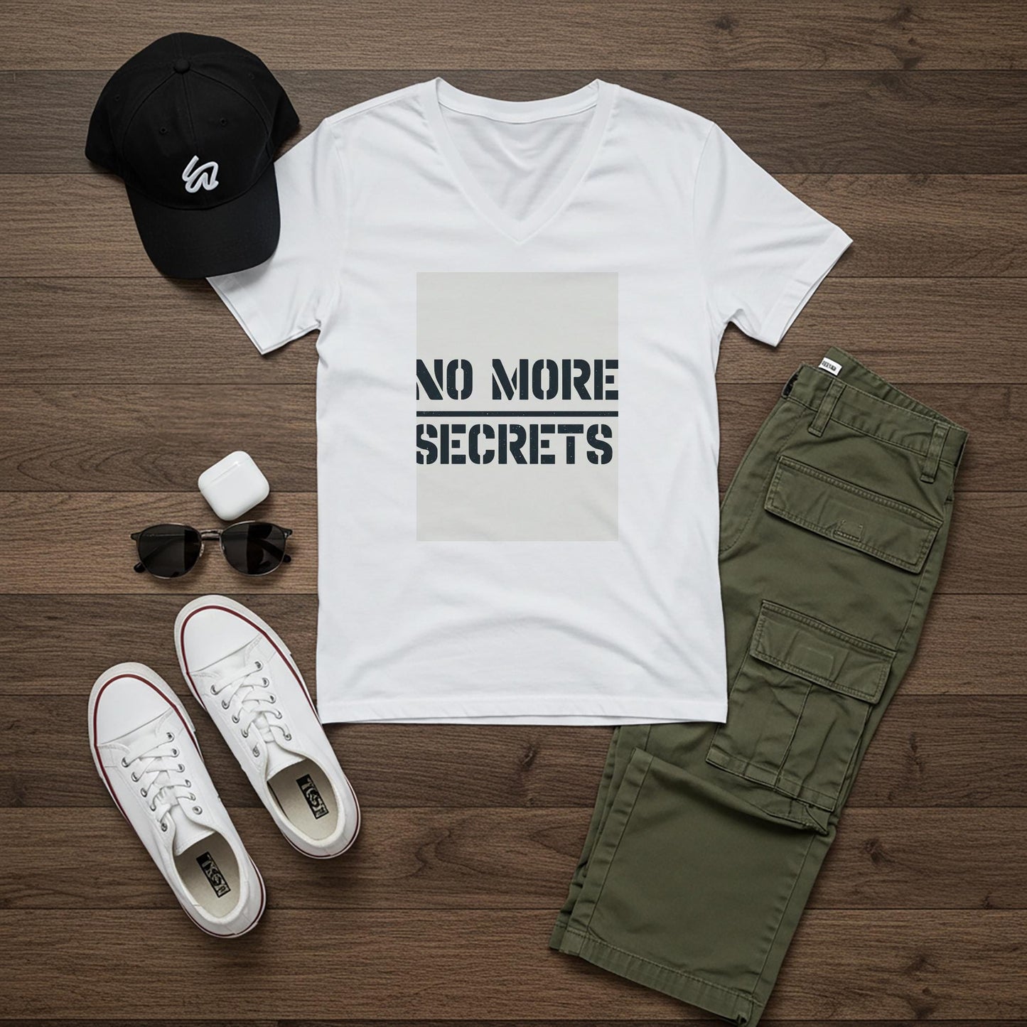 No More Secrets V-Neck Tee | Truth Transparency Honesty Shirt | Distressed Stencil Font Graphic T-Shirt | Empowering Statement Apparel Gift